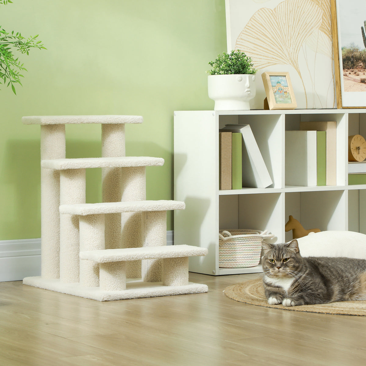 PawHut Tiertreppe Katzentreppe Hundetreppe Treppe für Katze und Hunde 4 Stufen Cremeweiß 63,5x43x60cm