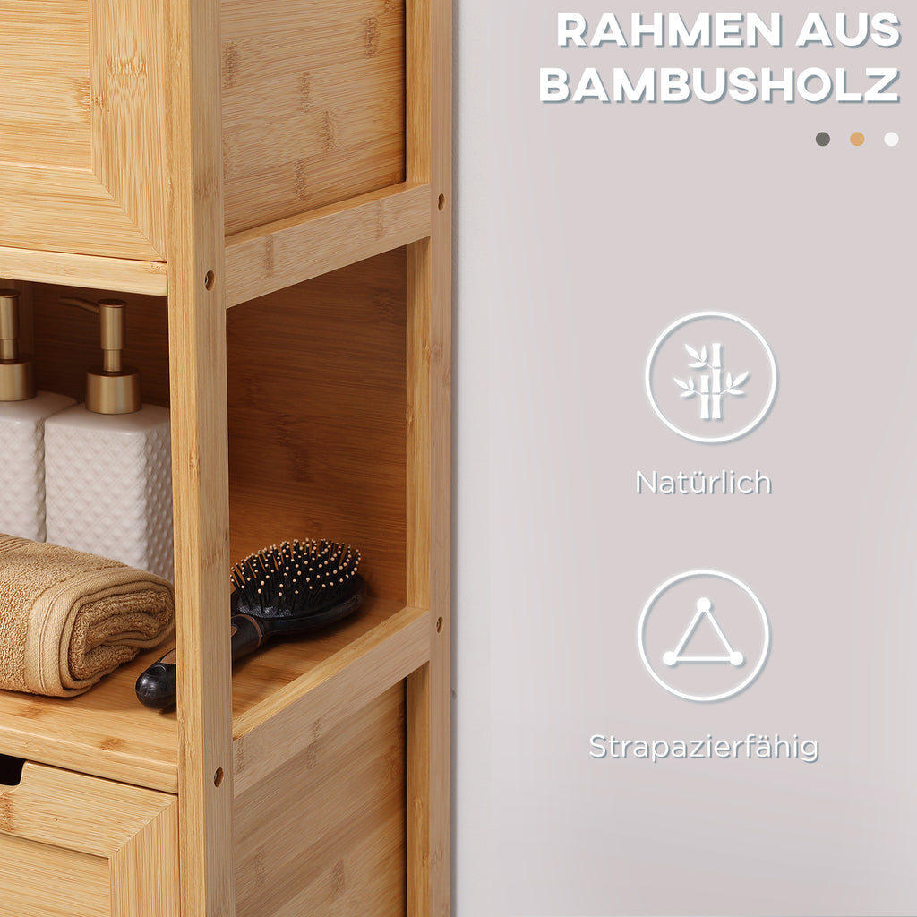 kleankin Badezimmerschrank aus Bambus, 1 Regal, 2 Schubladen, 30 cm x 30 cm x 90 cm; Natur