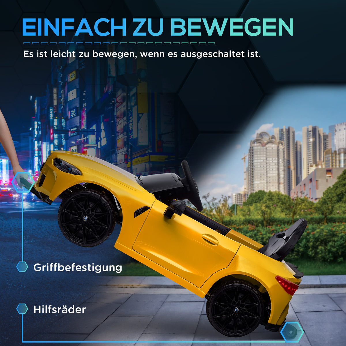 AIYAPLAY Elektro Kinderauto BMW M4, Sound & Licht, 3-5 km/h, inkl. Fernsteuerung, für 3-5 Jahre, Gelb