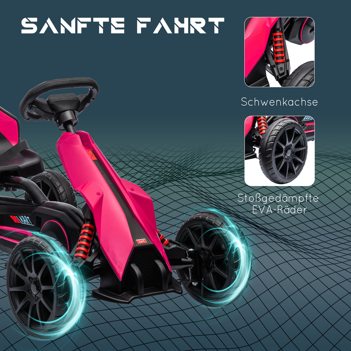 HOMCOM Go-Kart, Kinderfahrzeug mit verstellbarem Sitz, Tretfahrzeug, Tretauto mit Handbremse, 3-8 Jahre, Outdoor, Rosa