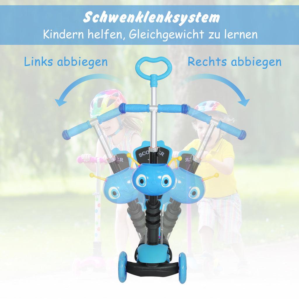 HOMCOM 5-in-1 Kinderroller Scooter Tretroller Cityroller Kinder Roller Kickboard Lenker Teleskoprohr höhenverstellbar Blau 62 x 25 x 72,5 cm
