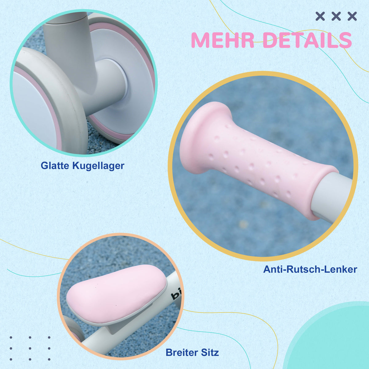 AIYAPLAY Laufrad, Dreirad, verstellbarer Sitz, geräuschlose Räder, 56x27x39 cm, Rosa/Weiß