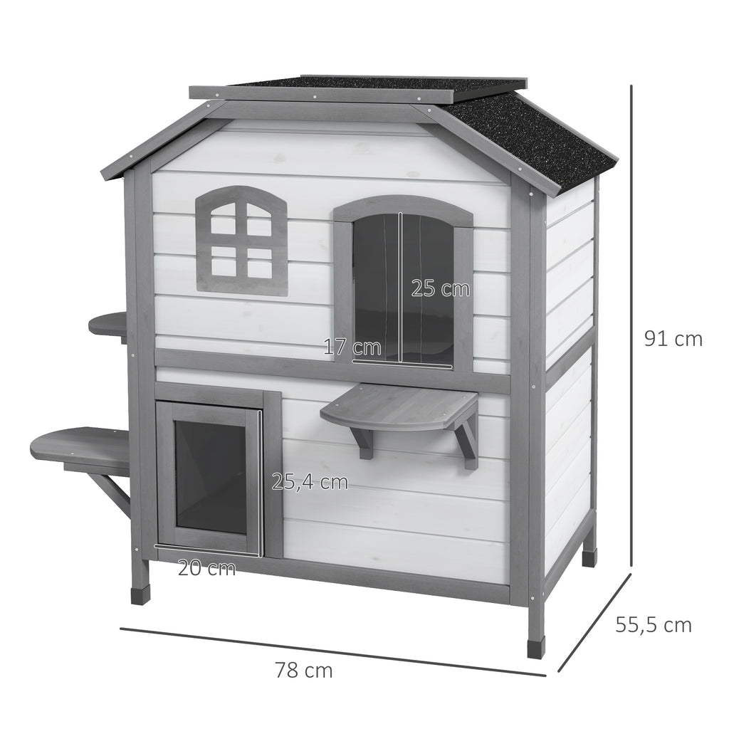 PawHut Katzenhaus Katzenhütte Katzenhöhle, 2 Stockwerke, wetterbeständig, 78,1 cm x 55,2 cm x 90,8 cm, Weiß + Grau