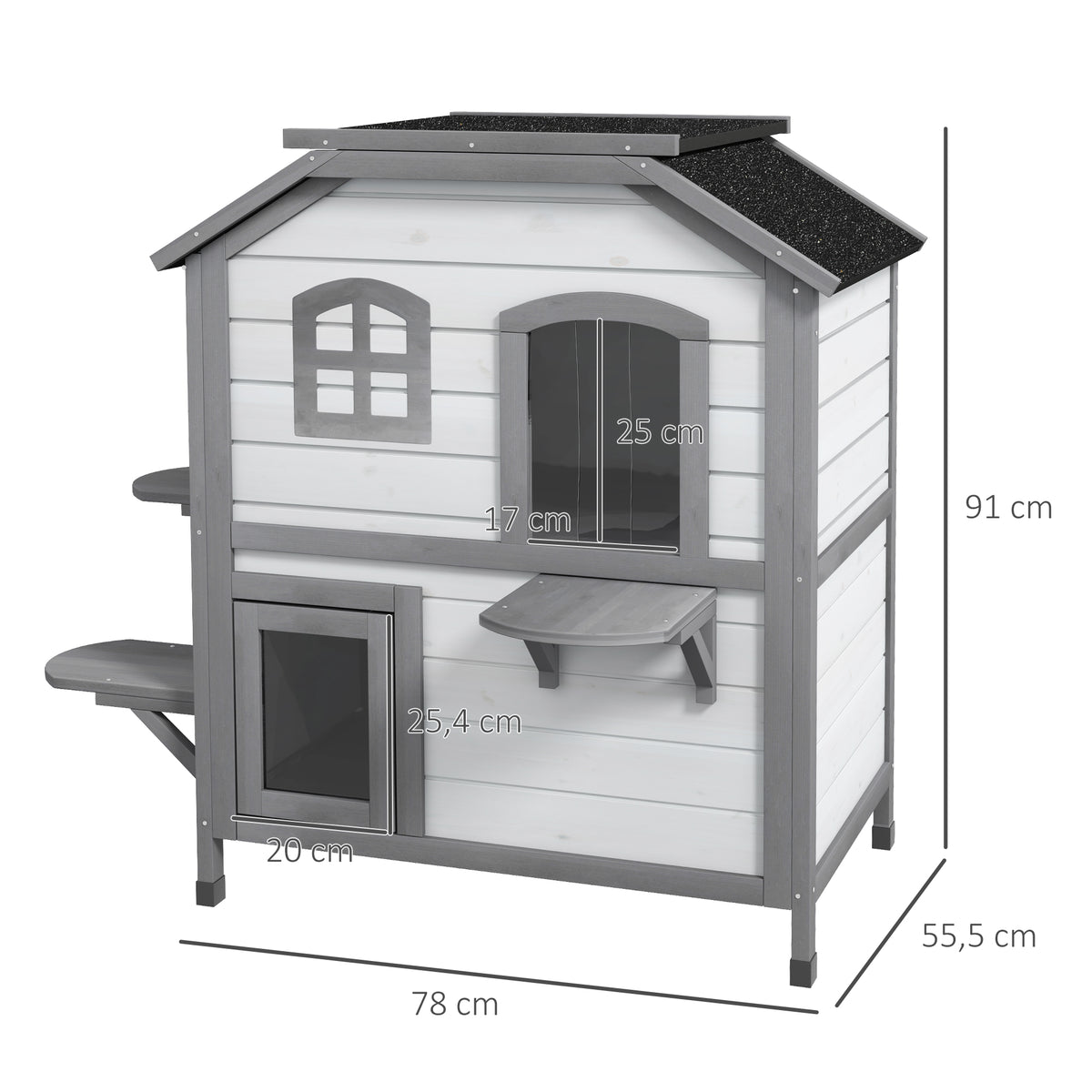 PawHut Katzenhaus Katzenhütte Katzenhöhle, 2 Stockwerke, wetterbeständig, 78,1 cm x 55,2 cm x 90,8 cm, Weiß + Grau
