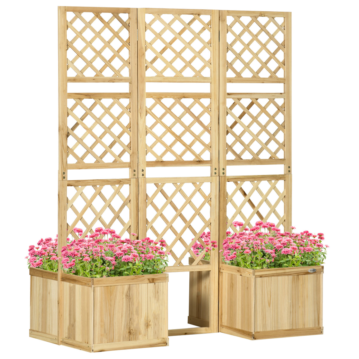Outsunny Paravent, Sichtschutz für Garten, dreifach klappbar, 4 Blumenkästen, Massivholz, Naturfarbe, 133 x 62 x 165 cm