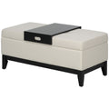 HOMCOM Hocker mit Stauraum, Tablett, Eukalyptusholzrahmen, bis 120 kg, 107 x 50 x 44 cm, Cremeweiß/Schwarz