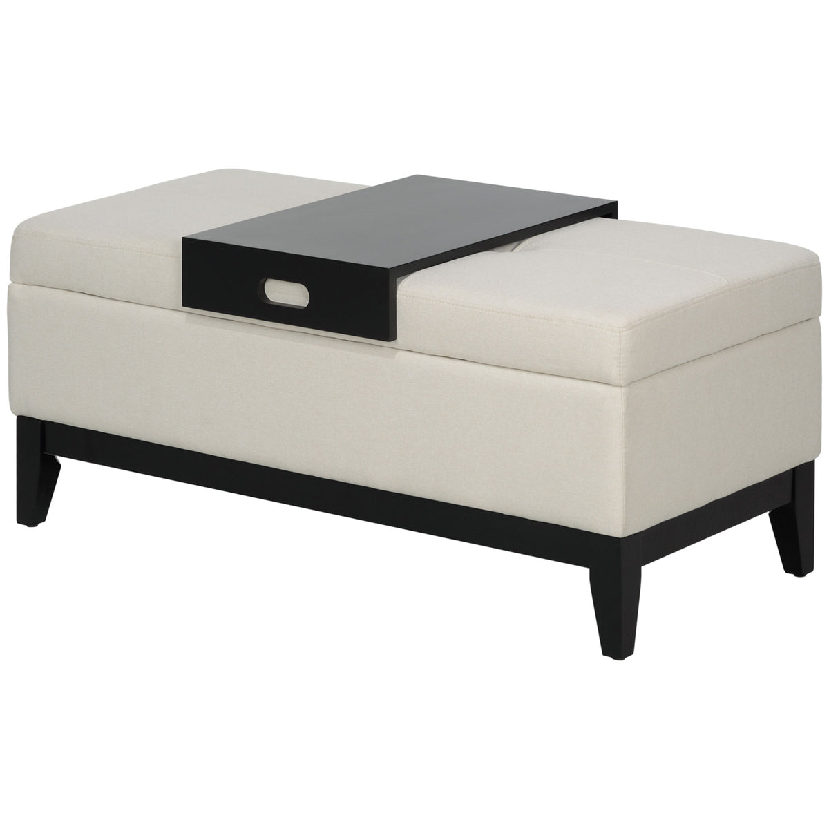 HOMCOM Hocker mit Stauraum, Tablett, Eukalyptusholzrahmen, bis 120 kg, 107 x 50 x 44 cm, Cremeweiß/Schwarz