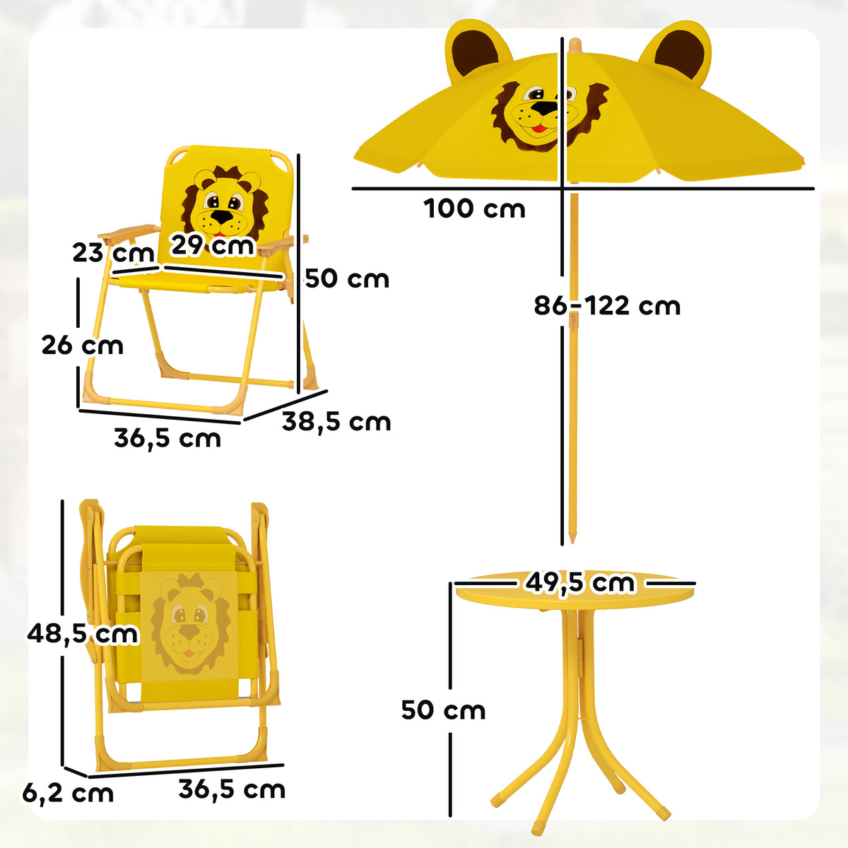 AIYAPLAY Gartenmöbel-Set für Kinder, Stühle, Tisch, Sonnenschirm, Löwen-Design, Gelb