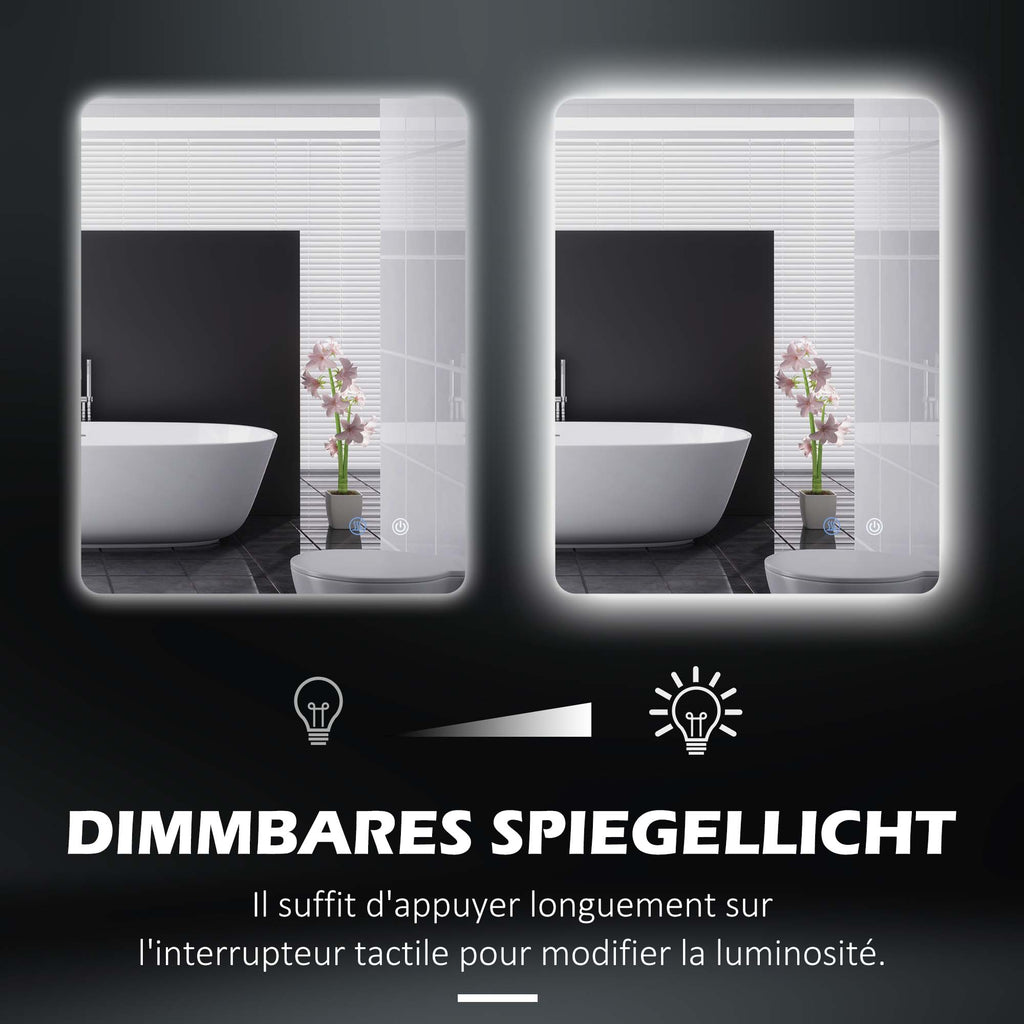 kleankin LED-Badezimmerspiegel, Antibeschlag, Touch-Schalter, Hintergrundbeleuchtung, 70 x 50 cm, Weiß