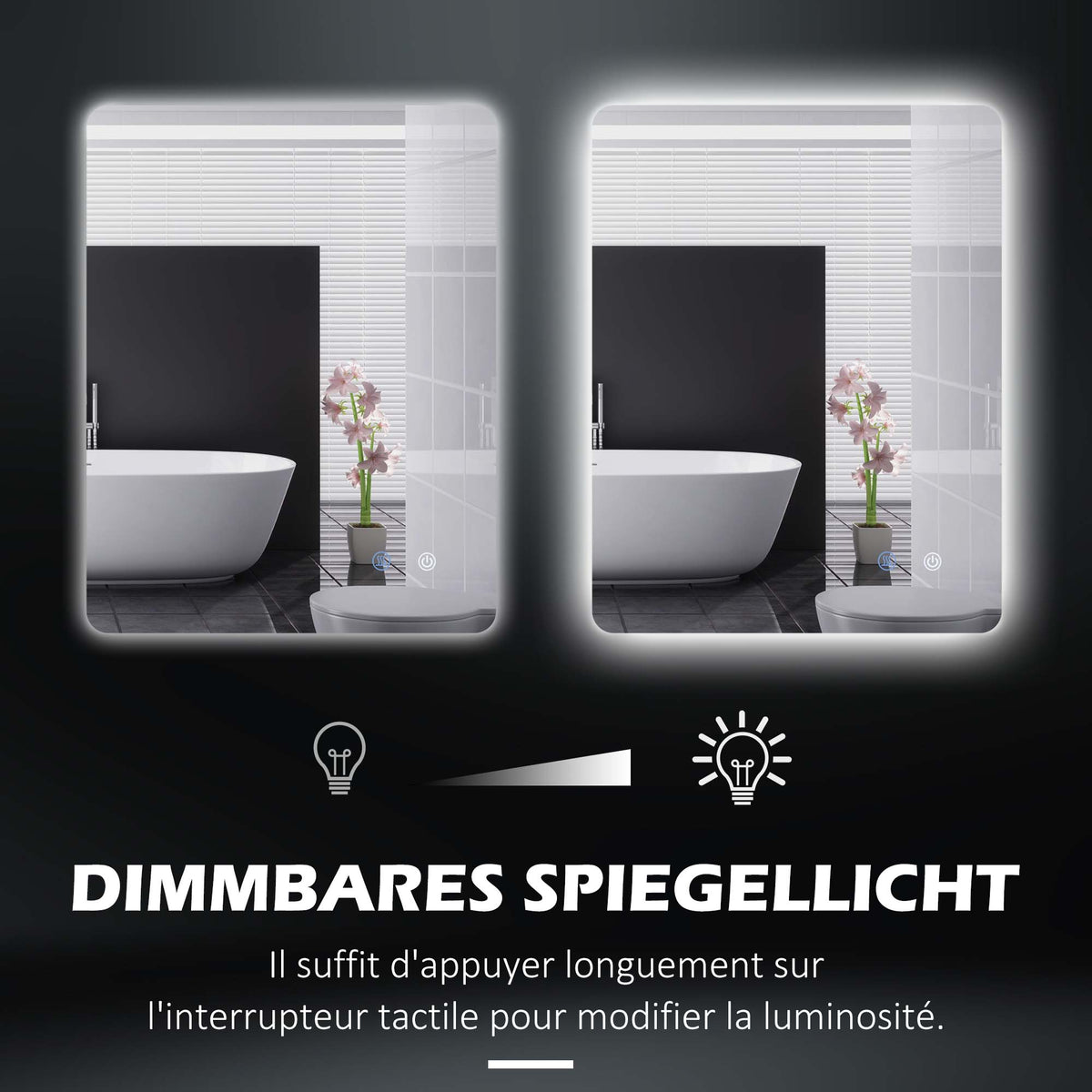 kleankin LED-Badezimmerspiegel, Antibeschlag, Touch-Schalter, Hintergrundbeleuchtung, 70 x 50 cm, Weiß