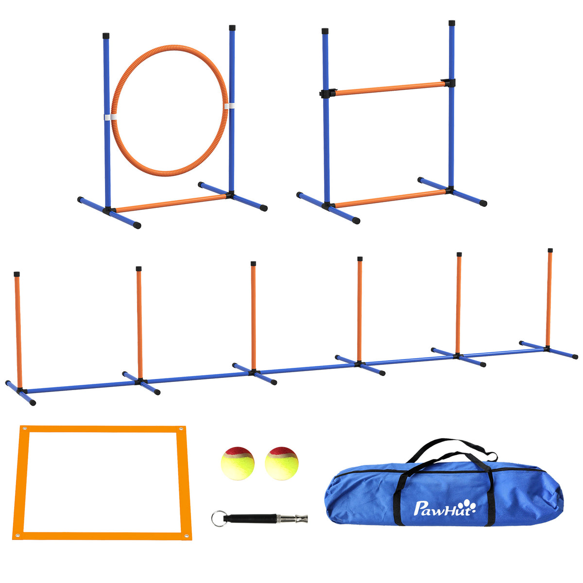 PawHut Hunde-Agiliy-Set Hundeparcours, 1 Reifen, 1 Hürde, 1 Slalom-Set, 352 cm x 66 cm x 69 cm, Blau + Rot