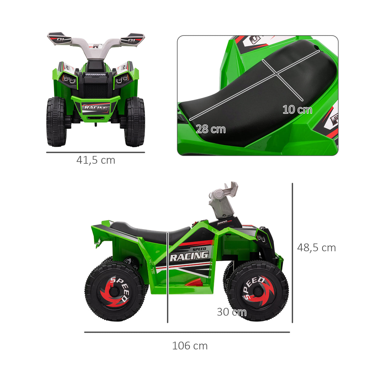 HOMCOM Elektrisches Quad für Kinder Batteriebetriebenes Fahrzeug 6V mit Vorwärts- und Rückwärtsgang 70L x 41,5B x 48,5H cm Grün