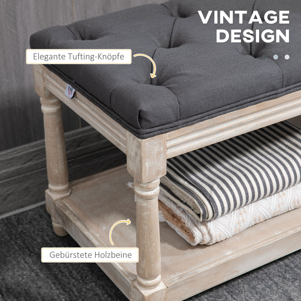 HOMCOM Sitzbank mit Stauraum, Vintage-Design, Knopfheftung, Kautschukbaumholz, 115x40x48cm, Grau