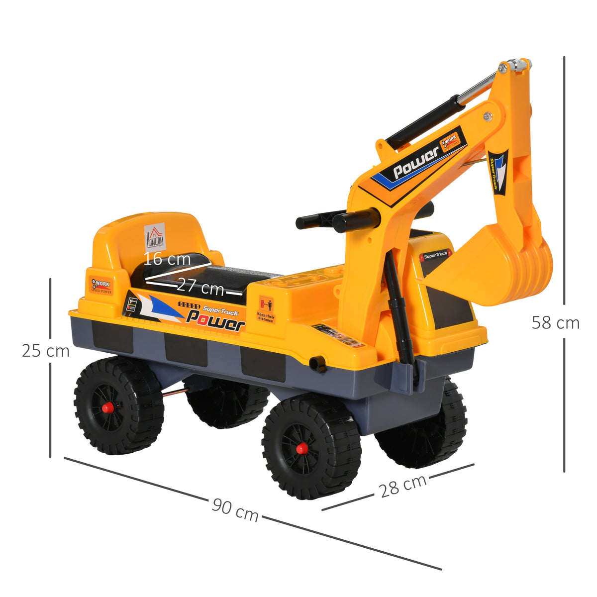 HOMCOM Kindertraktor Baggerlader 2-3 Jahre Pelleteuse mit beweglichem Arm und Greifer, Licht- und Soundeffekte PP Gelb
