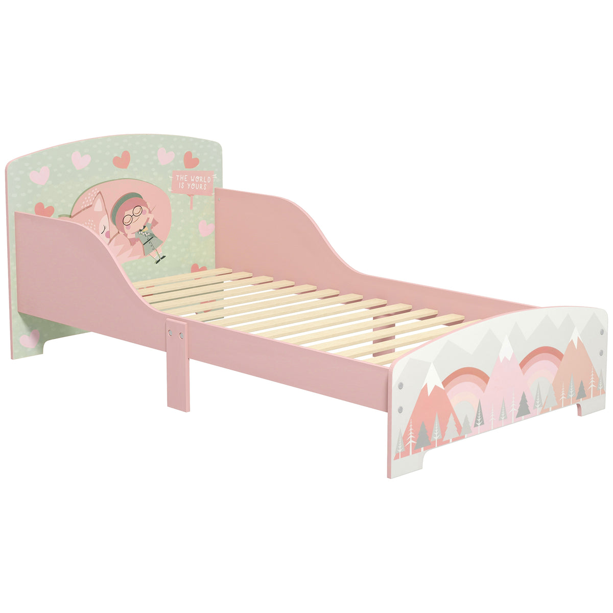ZONEKIZ Kinderbett 3-6 Jahre mit Sicherheitsbarrieren und Mustern Abmessungen 77 x 143 x 60 cm Lattenrost inklusive - rosa