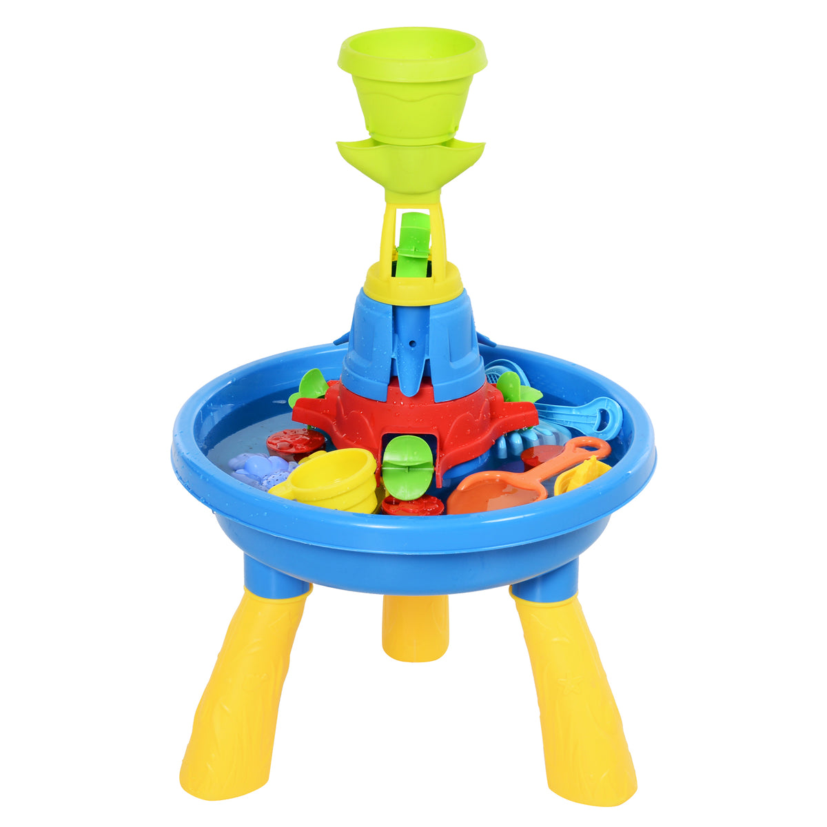 HOMCOM Kinder Sand- und Wasserspieltisch Spieltisch Spieltisch Outdoor Kinder Sandtisch mit 21-tlg. Zubehör, Wasserpark, Baby Spielzeug ab 3 Jahren, Kunststoff, Bunt, 46 x 46 x 72 cm