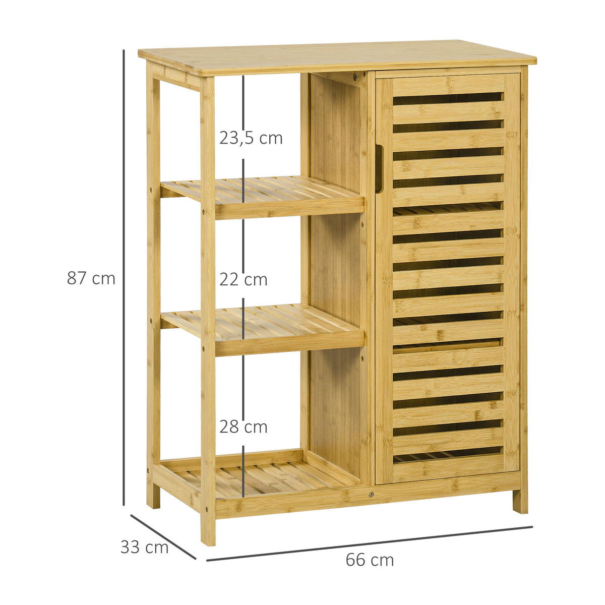 kleankin Badezimmerschrank aus Bambus, 3 Regale, 1 Schrank mit Lamellentüren, Natur