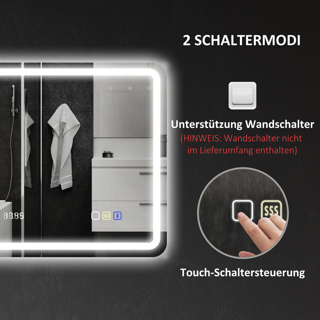 HOMCOM Badezimmerspiegel mit LED-Beleuchtung, Anti-Beschlags-Pad, 3 verstellbare Farben, Uhr, 700 x 900 mm, Silberfarben