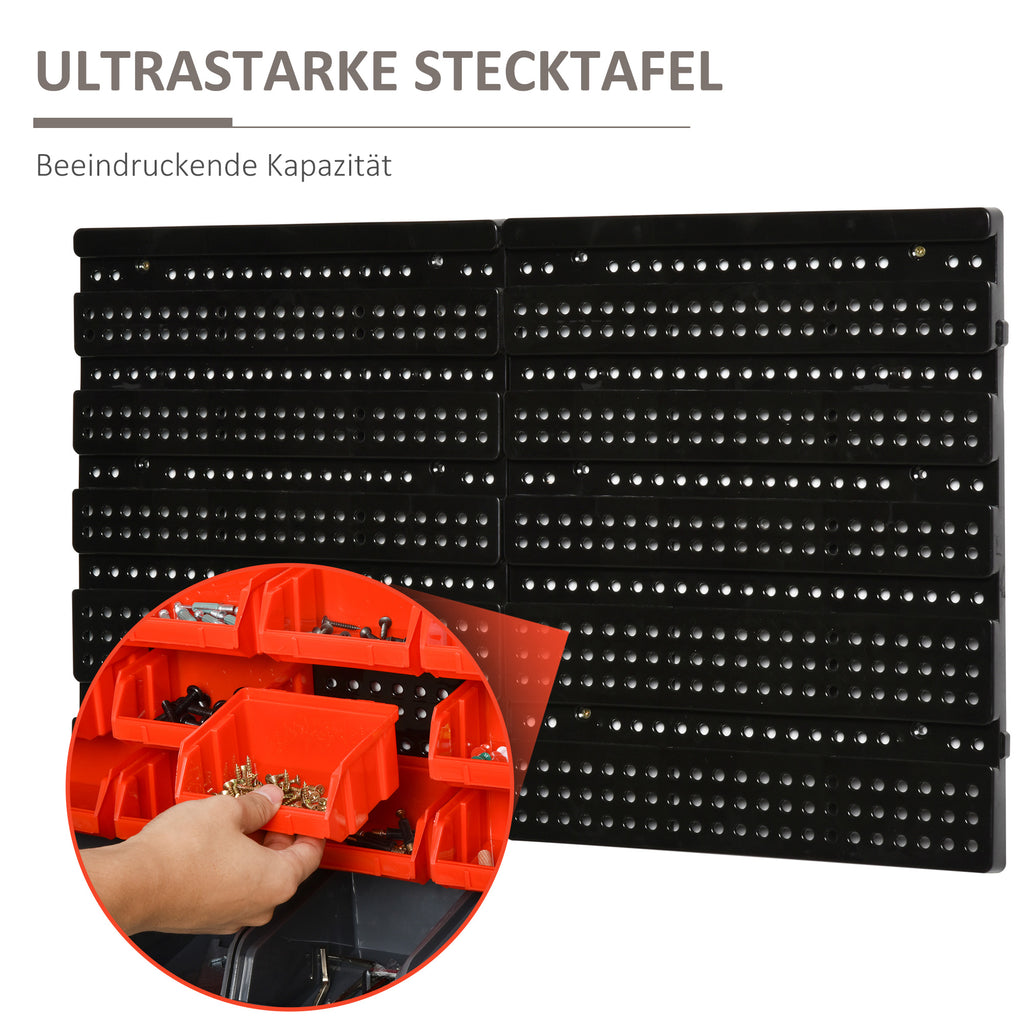 DURHAND Aufbewahrungs-System Wandregal mit Stapelboxen, 30 Boxen, 2 Lochplatten, 37,5 cm x 18 cm x 63 cm, Rot + Grau+ Schwarz
