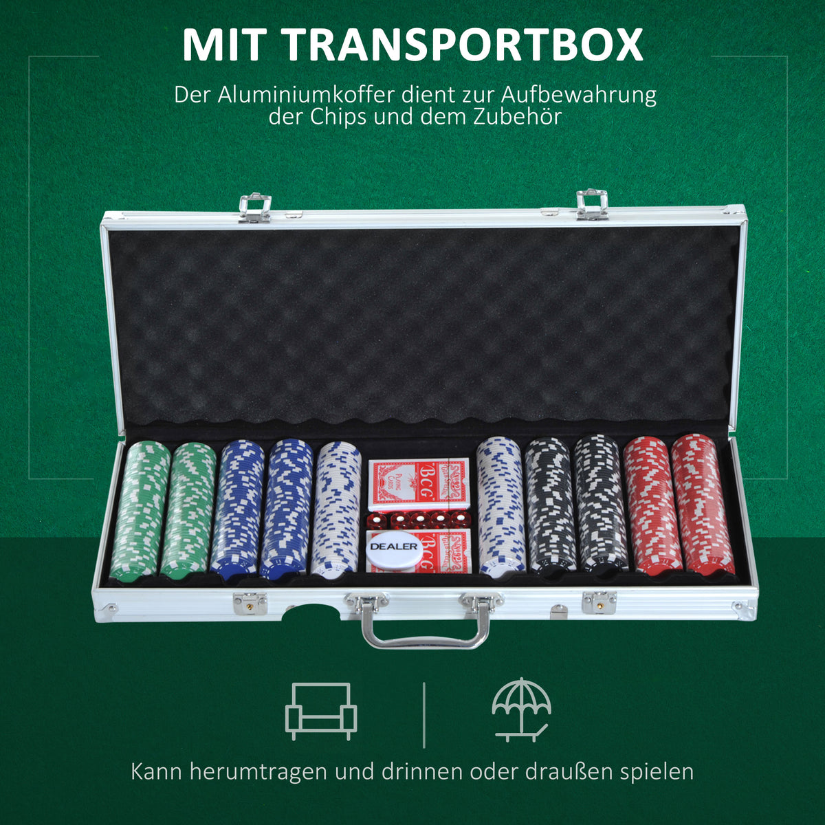 HOMCOM Pokerset, 500 Chips, 2 Kartendecks, 5 Würfel, Aluminium-Koffer, verschließbar