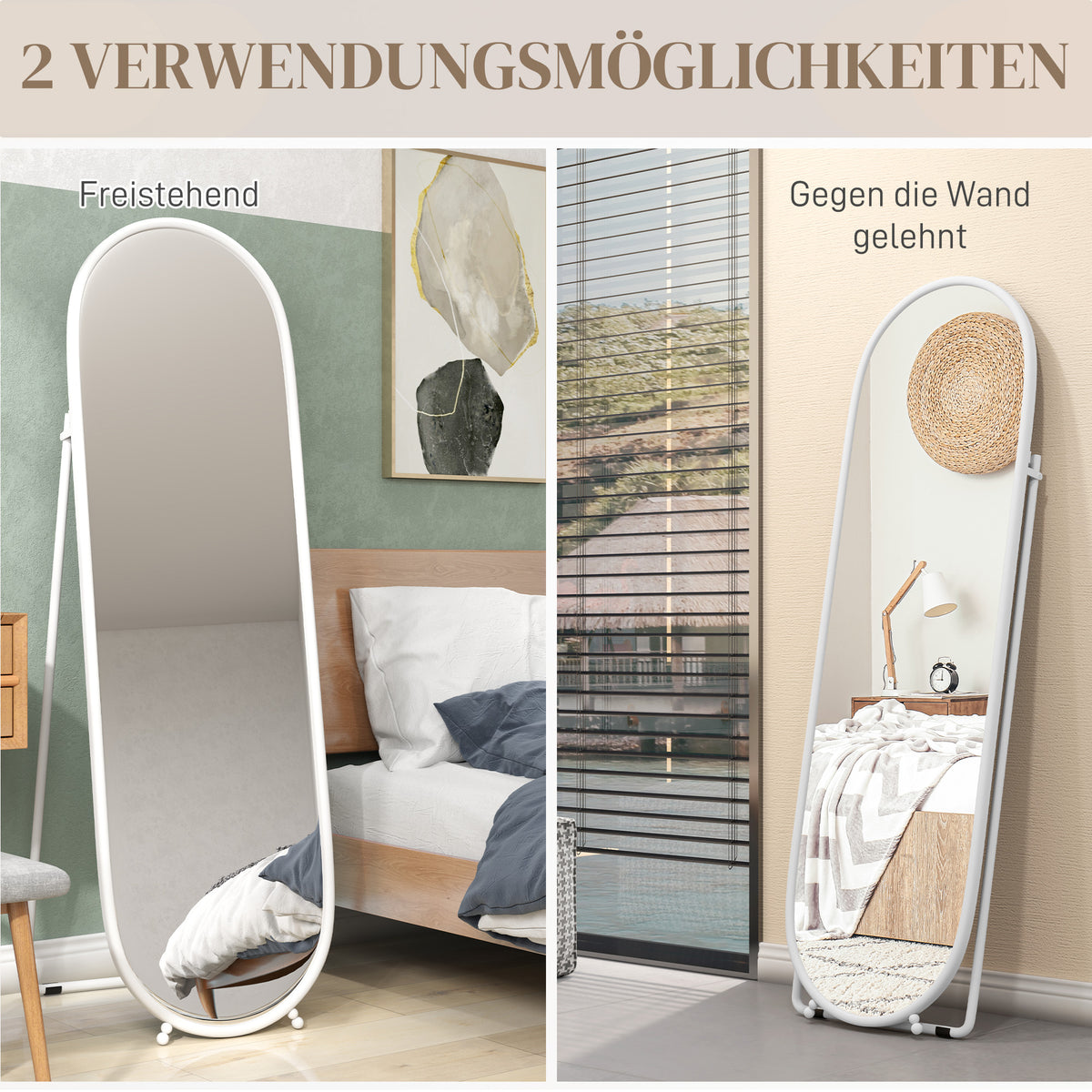HOMCOM Ganzkörperspiegel, ovale Form, freistehend, Metallrahmen, 40x160cm, Farbe: Weiß