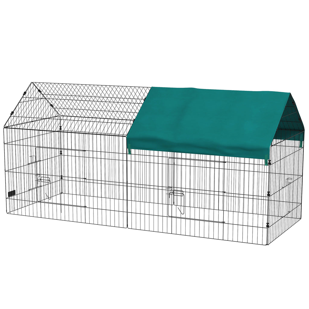 PawHut Kleintiergehege mit Dach, 4 Türen, wetterfest, Stahl/Polyester, 220x85x103cm, Grün/Schwarz
