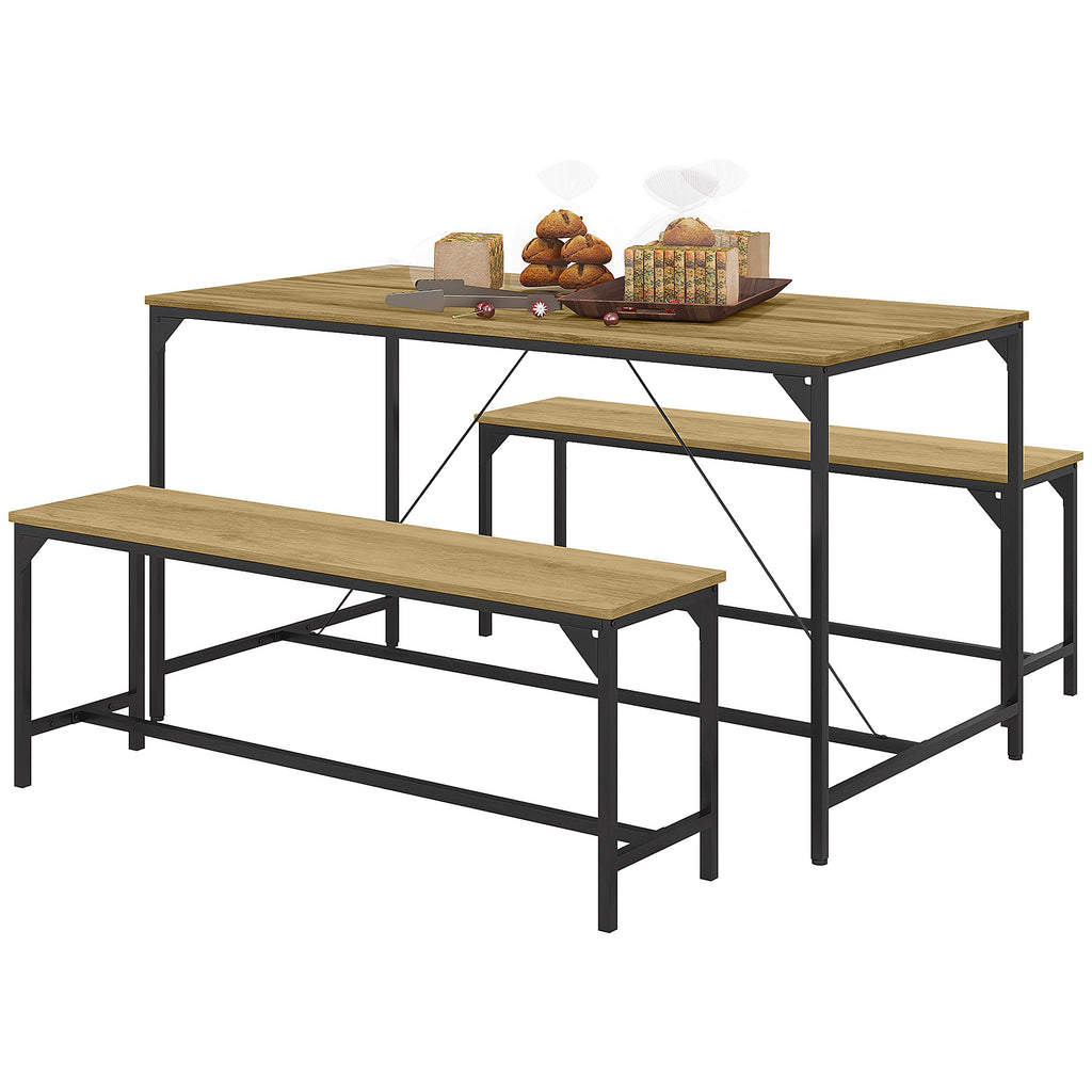 HOMCOM Essgarnitur, Tisch & 2 Bänke, Industrial Design, Stahlrahmen, Holzdekor/Schwarz