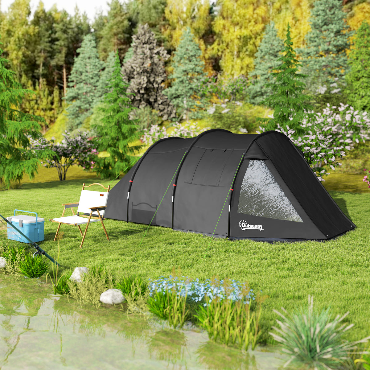 Outsunny Campingzelt Trekkingzelt Zelt, wetterbeständig, 2 Räume,  475 x 264  cm Breite x 172, Schwarz