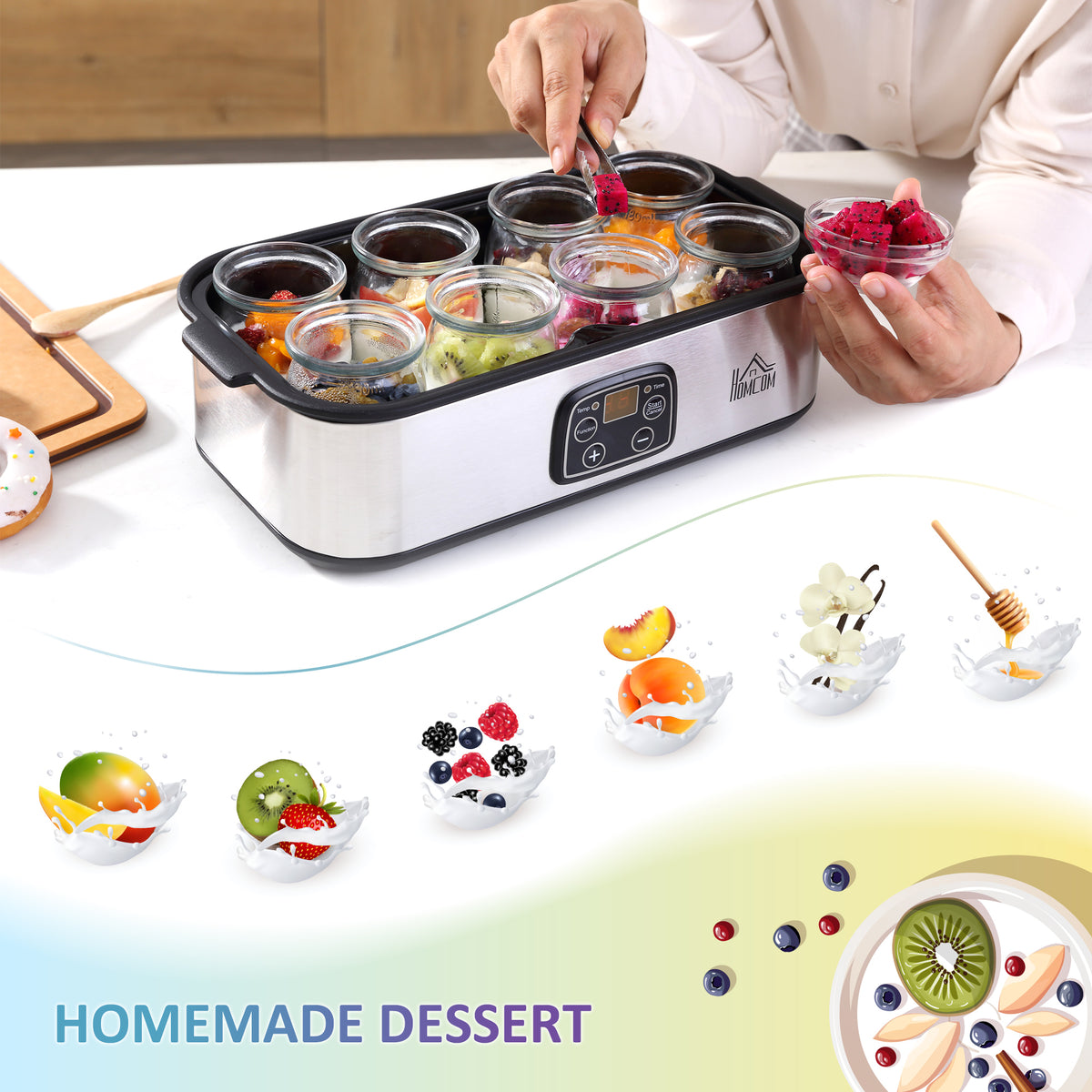 HOMCOM Joghurtbereiter 25W Joghurtmaschine mit LCD-Display 8 Joghurtgläser mit Deckel aus Glas 180ml einstellbare Temperatur und Zeit PC PP-Kunststoff Edelstahl Glas Silber 36 x 18,8 x 14 cm