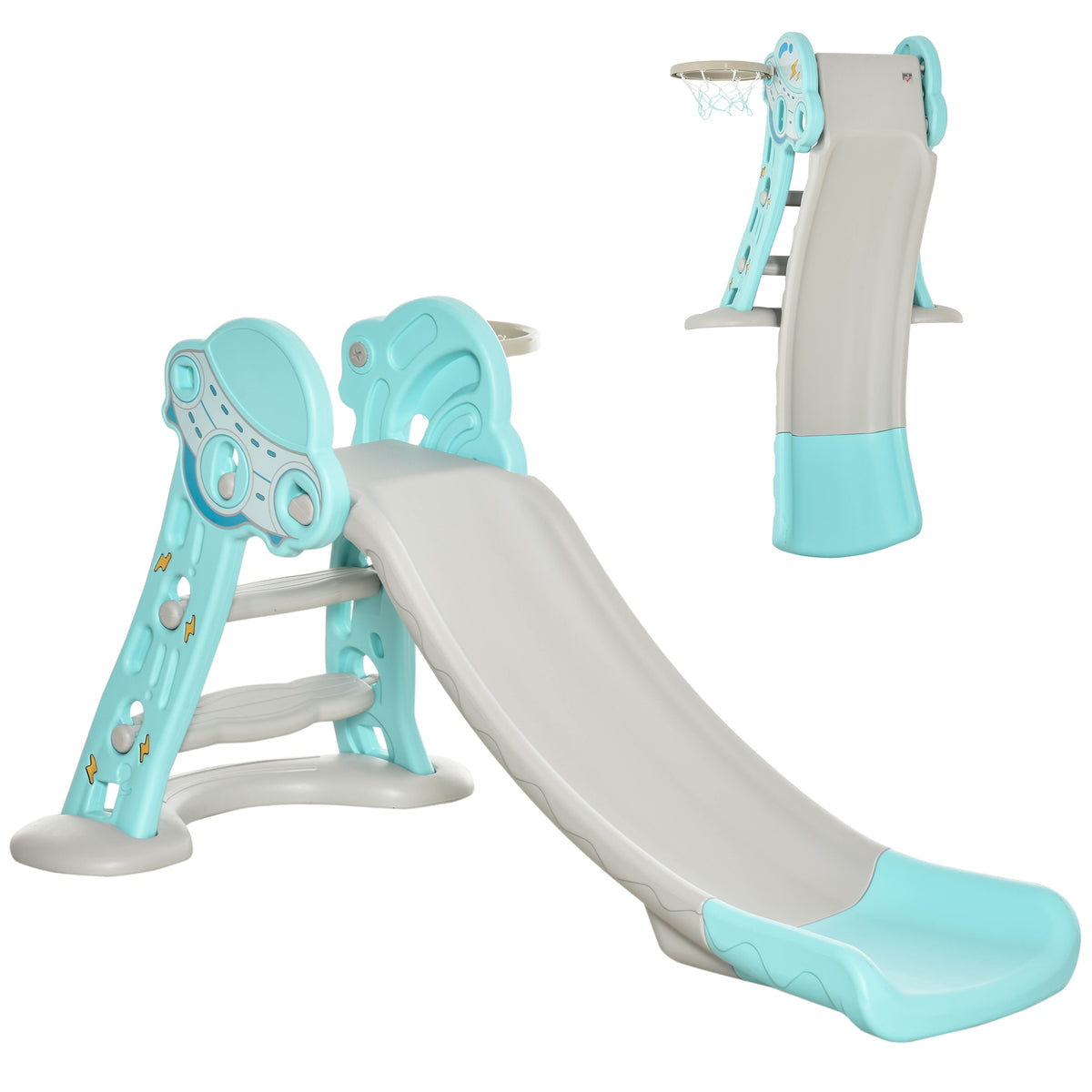 HOMCOM Kinderrutsche ab 18 Monaten faltbar mit 3 Stufen und Basketballkorb, 140x87x75cm, Blau und Grau