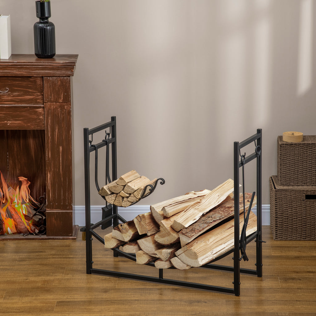 Outsunny Kaminholzregal Holzständer Holzablage mit 4 Haken 2 Schichten Metall Schwarz 84 x 33 x 76 cm