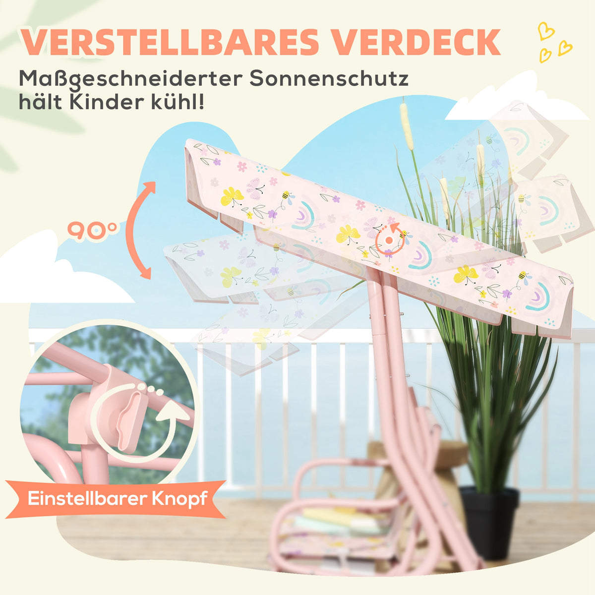 AIYAPLAY Hollywoodschaukel für Kinder, Stahlrahmen, 2-Sitzer, 60 kg belastbar, Rosa