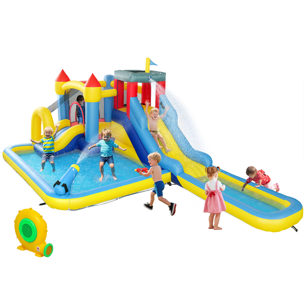 AIYAPLAY Schloss aufblasbar mit Gebläse Wasserpark Rutschen, Trampolin, Kletterwand, Wasserpistole, Basketballkorb