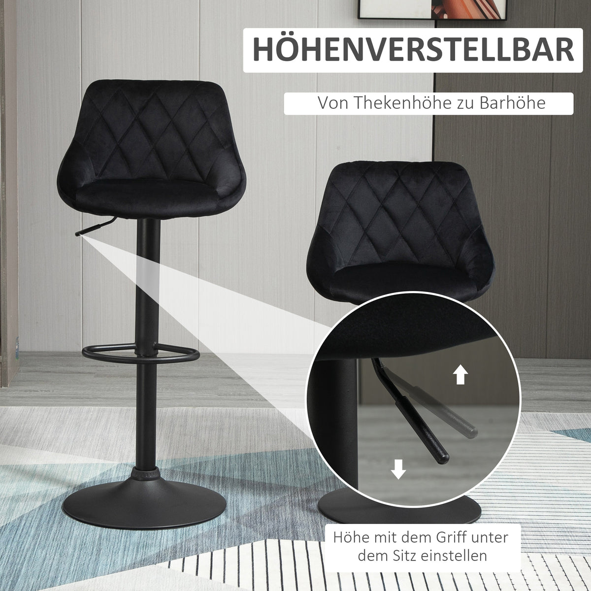 HOMCOM Barhocker 2er-Set Barstuhl mit Lehne, Samt-Optik, Stahlgestell, Höhenverstellbare Küchenstühle mit Fußstütze Drehbar Tresenhocker, Schwarz
