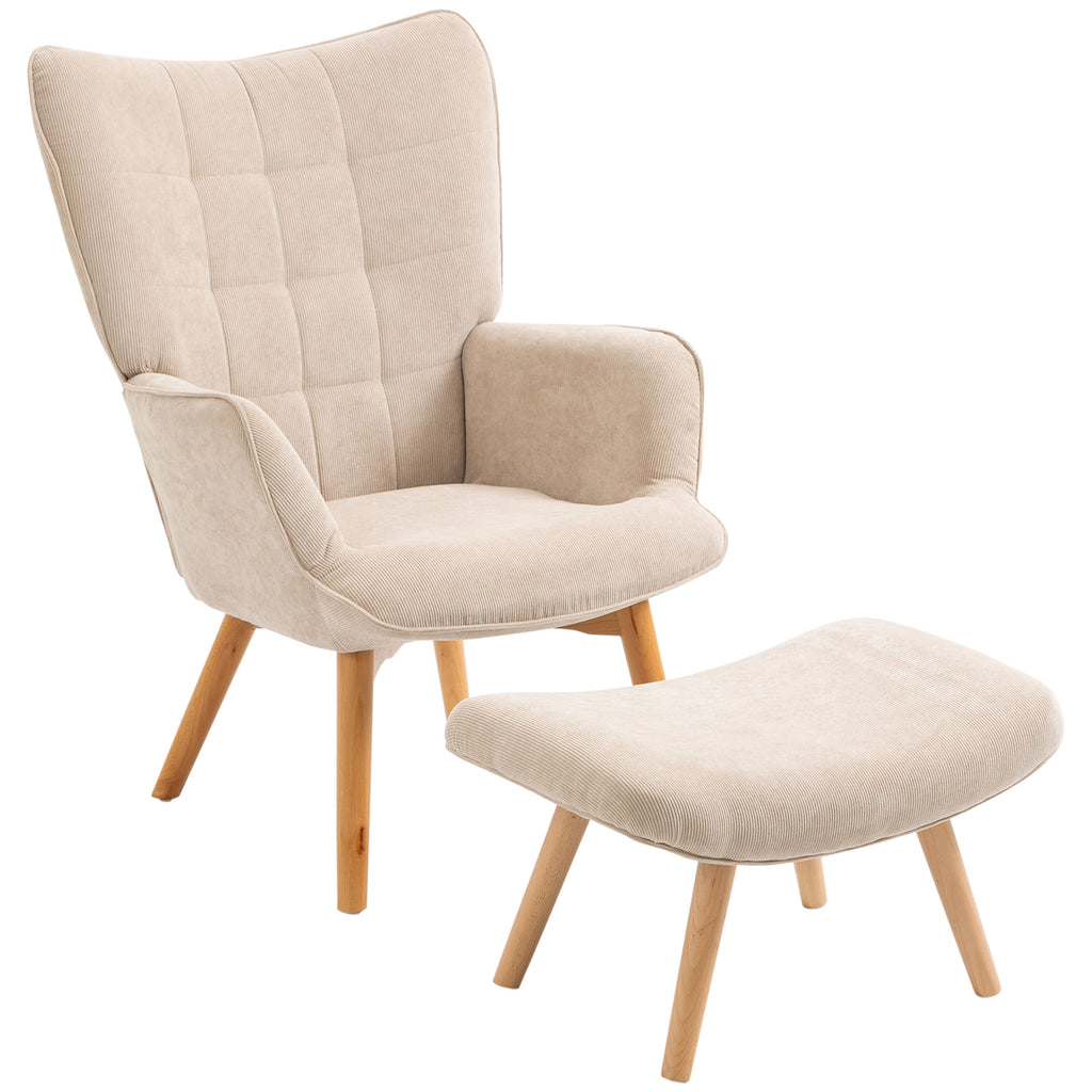 HOMCOM Akzentsessel mit Hocker, Relaxsessel in Cord-Optik, Armlehnstuhl mit Holzbeinen, für Wohnzimmer, Beige