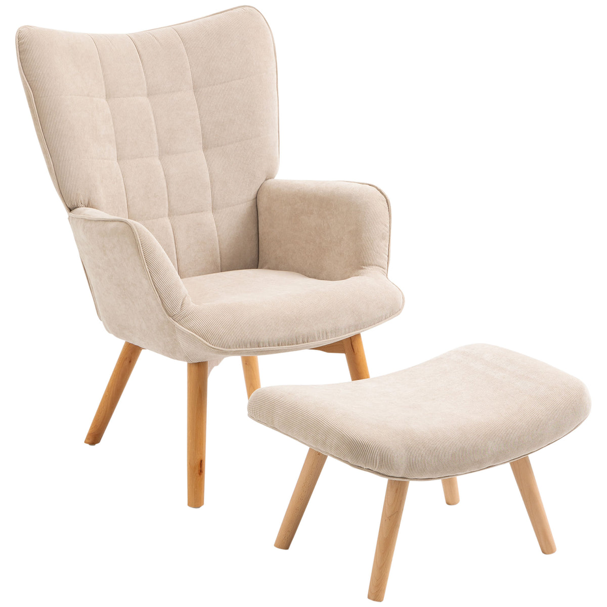 HOMCOM Akzentsessel mit Hocker, Relaxsessel in Cord-Optik, Armlehnstuhl mit Holzbeinen, für Wohnzimmer, Beige