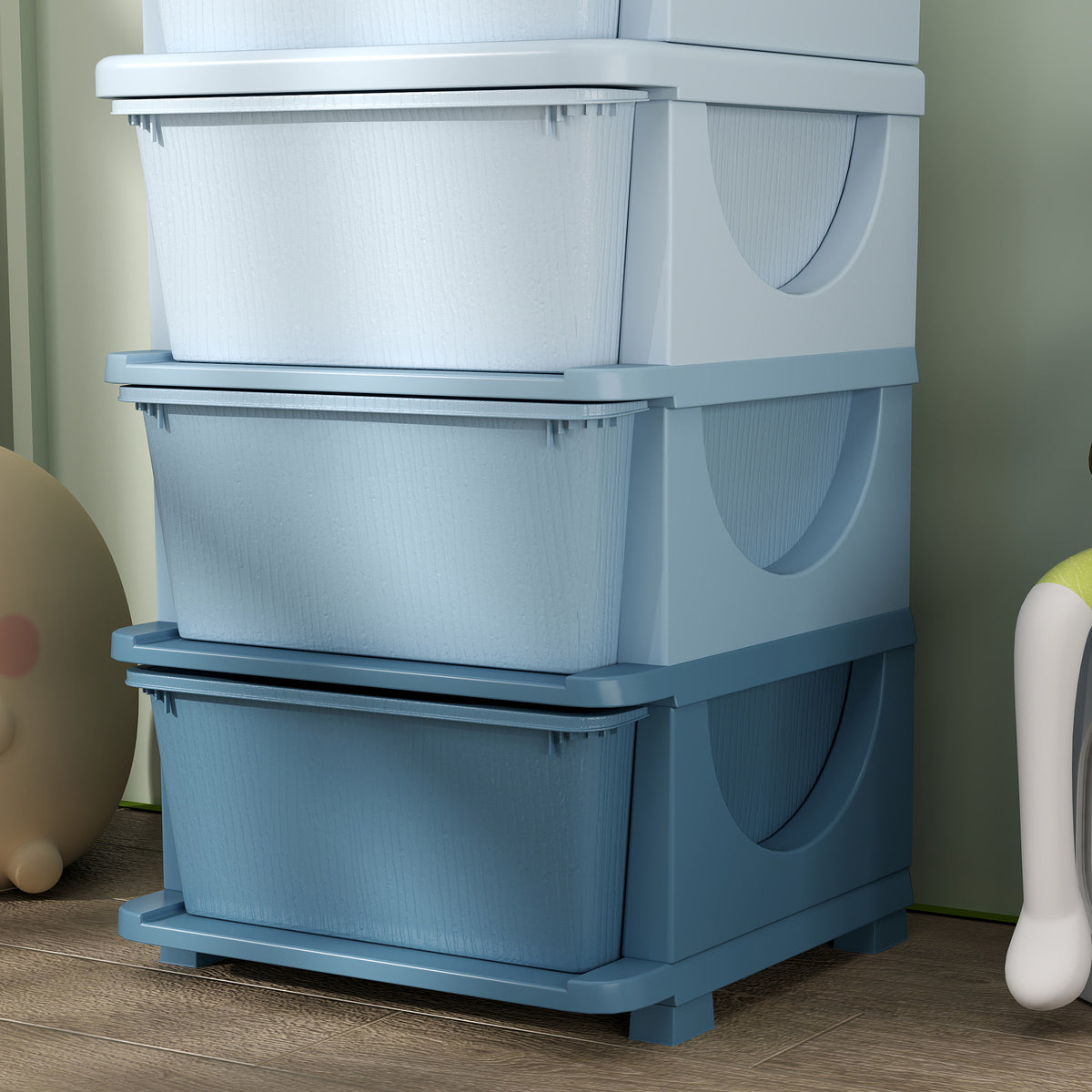 HOMCOM Aufbewahrungsboxen für Kinder, 4 Schubladen, abgerundete Kanten, erhöhtes Design, Kunststoff, Blau
