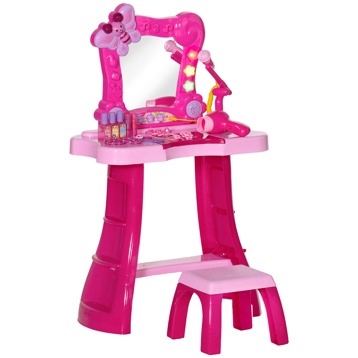 AIYAPLAY 15-teiliger Kinderschminktisch mit Hocker und Spiegel, Licht, Musik, Mikrofon, Haartrockner, Aufbewahrungsfach