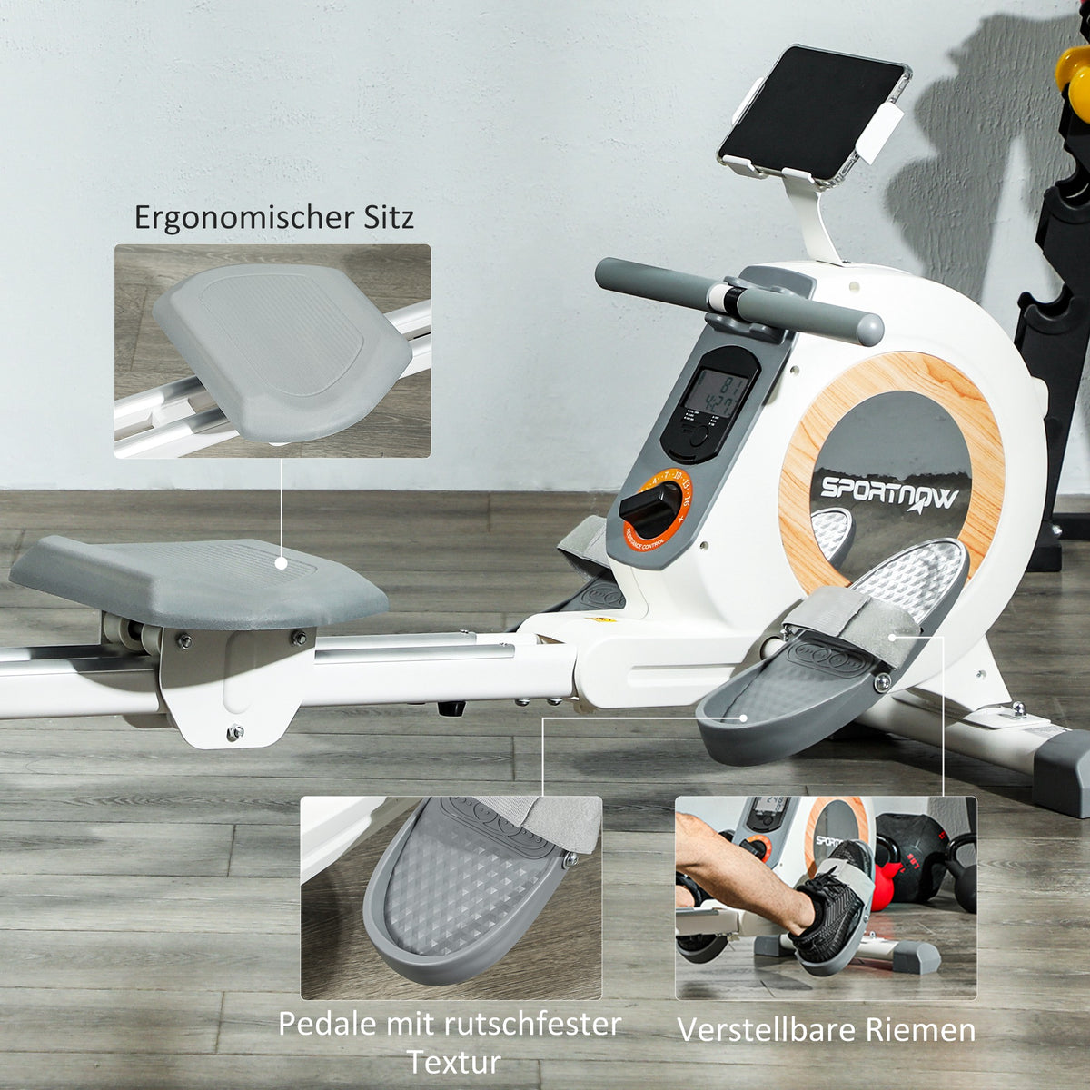 SPORTNOW Rudergerät mit 16 einstellbaren Stufen, LCD-Monitor und Handyhalter, fürs Heimtraining, 150 kg Belastbarkeit