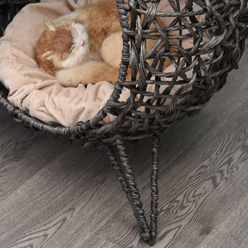 PawHut Katzenhaus aus Rattan mit Kissen Katzenschlafplatz Katzenhöhle mit erhöhten Füßen Silbergrau Ø52 x 58 cm
