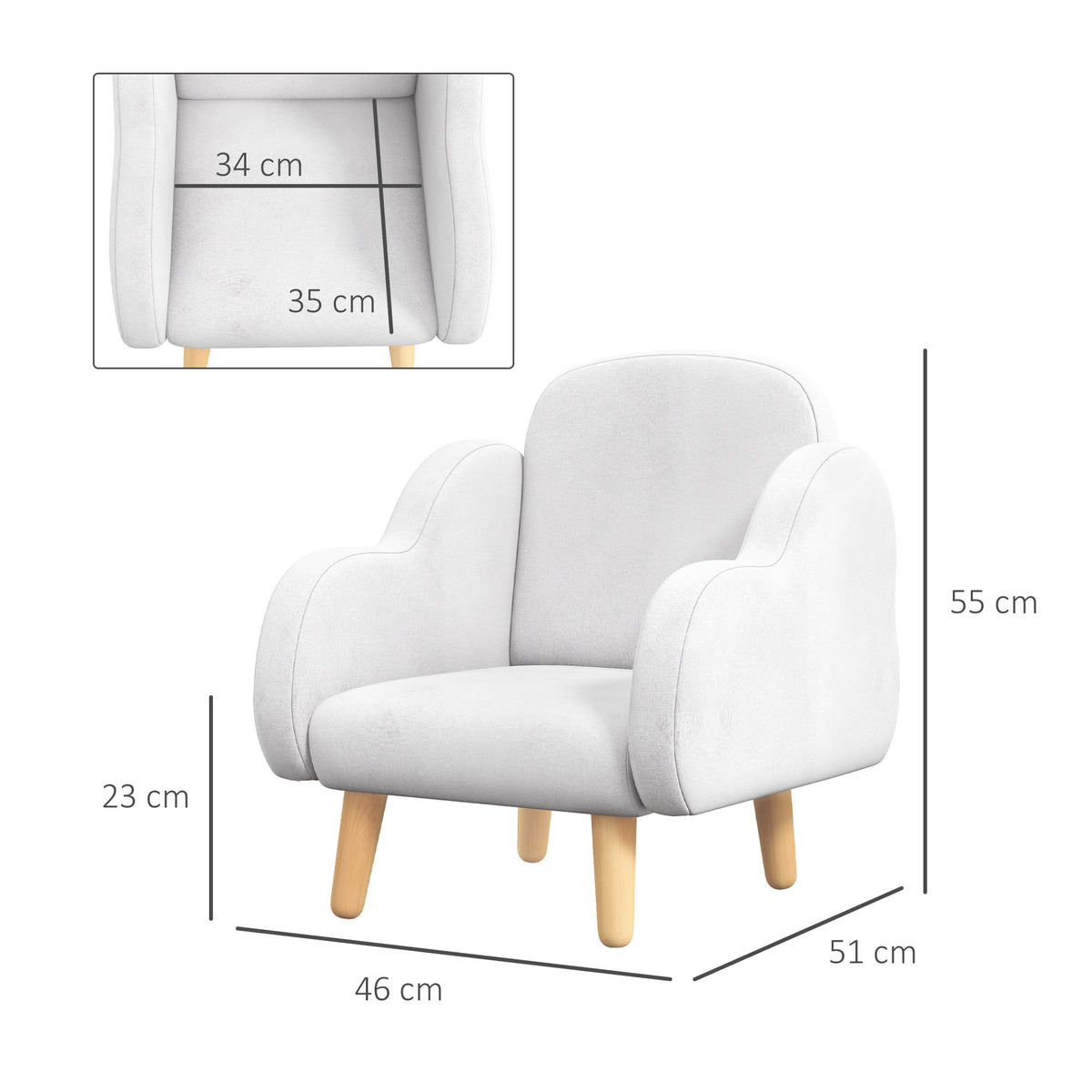 ZONEKIZ Kindersessel im skandinavischen Design mit weichem Komfort, schrägen Beinen und Stoff in Wolkenform 46 x 51 x 55 cm weiß