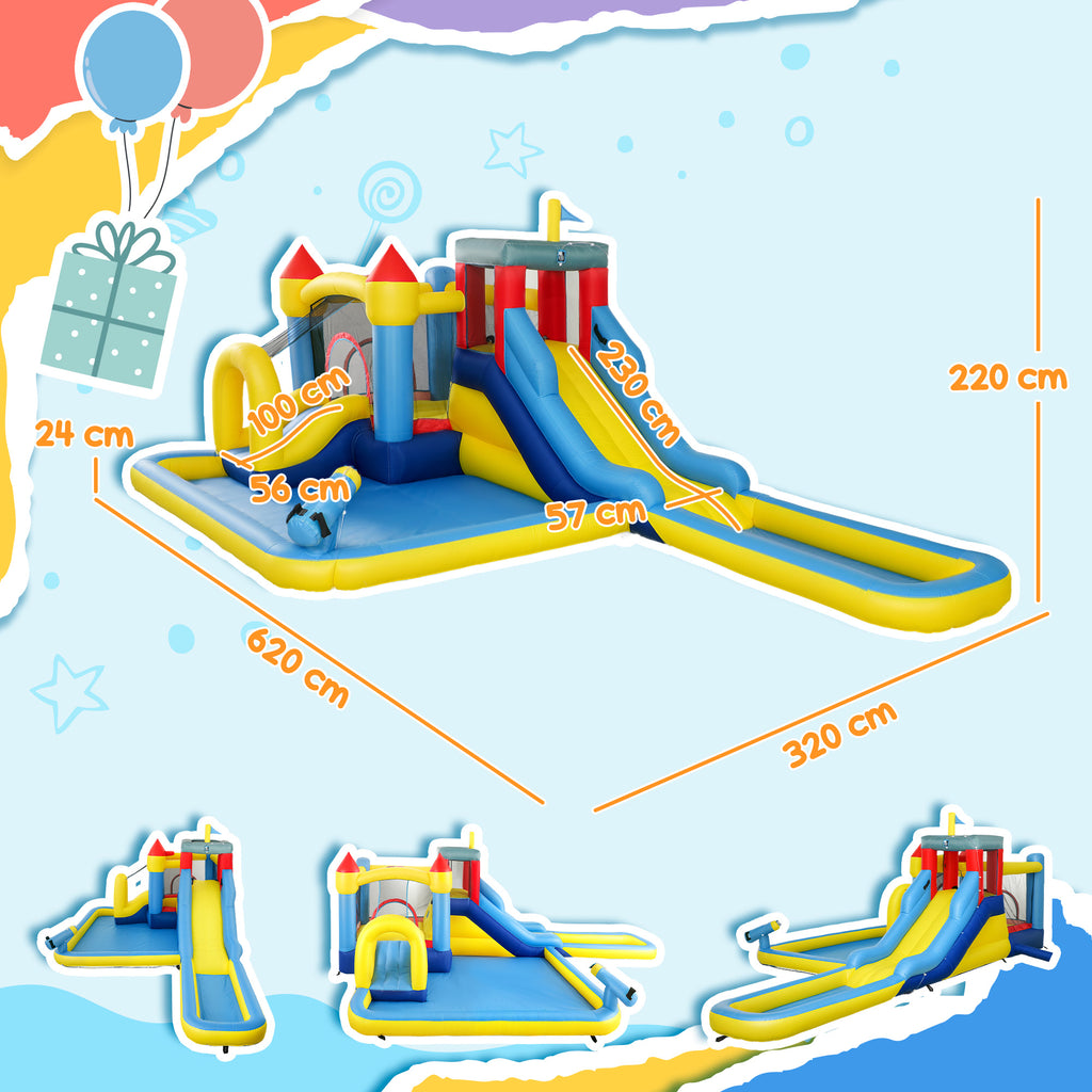 AIYAPLAY Schloss aufblasbar mit Gebläse Wasserpark Rutschen, Trampolin, Kletterwand, Wasserpistole, Basketballkorb