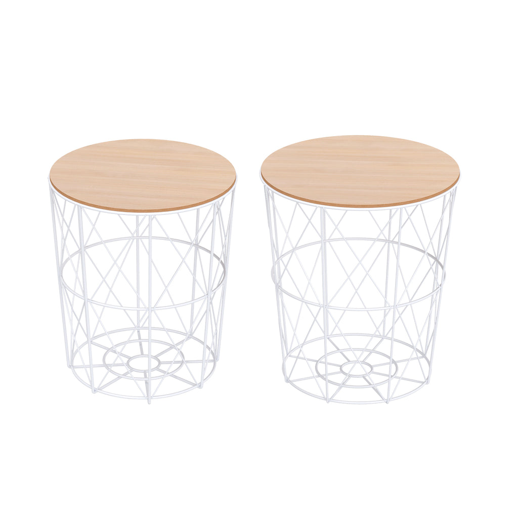 HOMCOM Couchtisch Rund 2er Set stapelbar Wohnzimmertisch Beistelltisch mit abnehmbaren Deckel Satztisch Kaffeetisch mit Metallgestell für Wohnzimmer Natur+Weiß