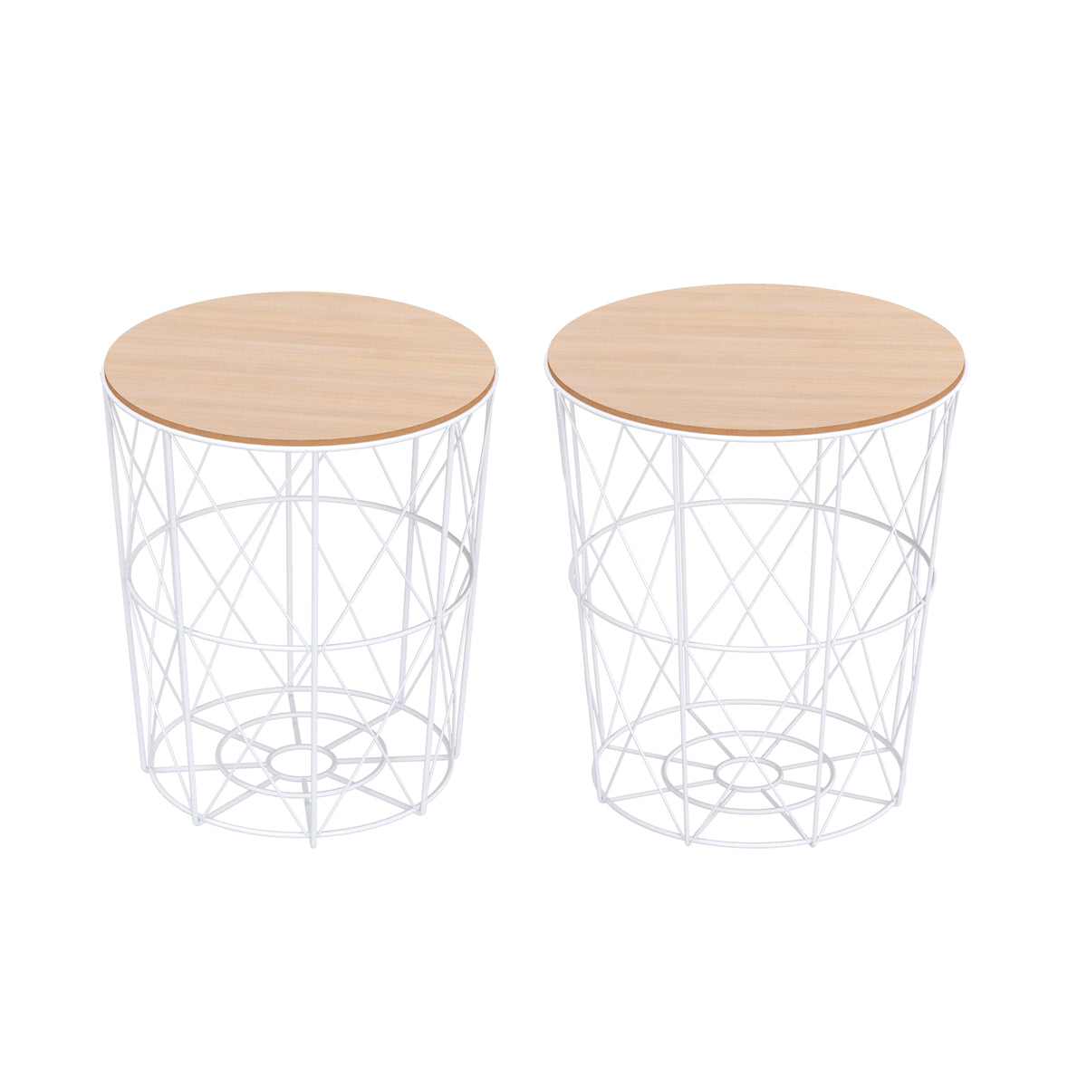 HOMCOM Couchtisch Rund 2er Set stapelbar Wohnzimmertisch Beistelltisch mit abnehmbaren Deckel Satztisch Kaffeetisch mit Metallgestell für Wohnzimmer Natur+Weiß