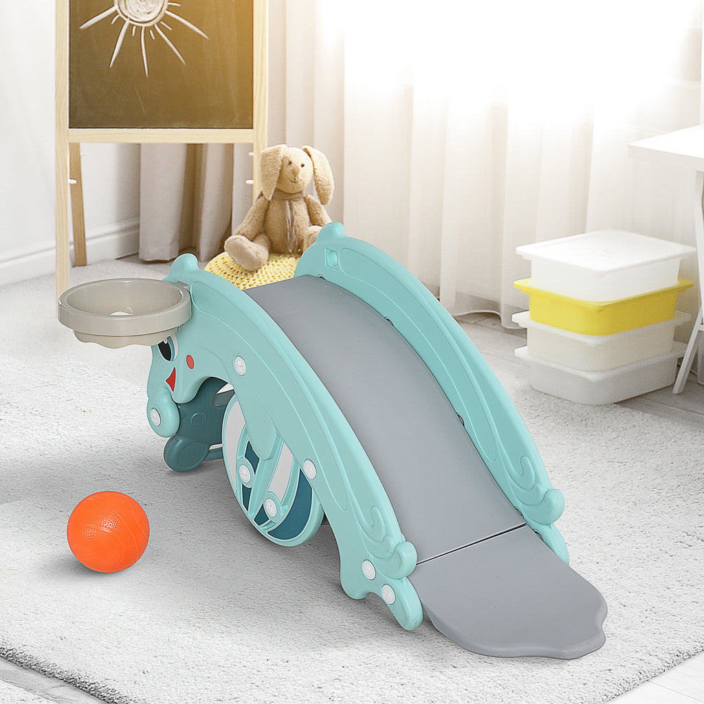 HOMCOM 3-in-1 Kinder Schaukelpferd Kinderrutsche Schaukeltier mit Basketballkorb für 3-5 Jahre HDPE Grün 72 x 34 x47 cm