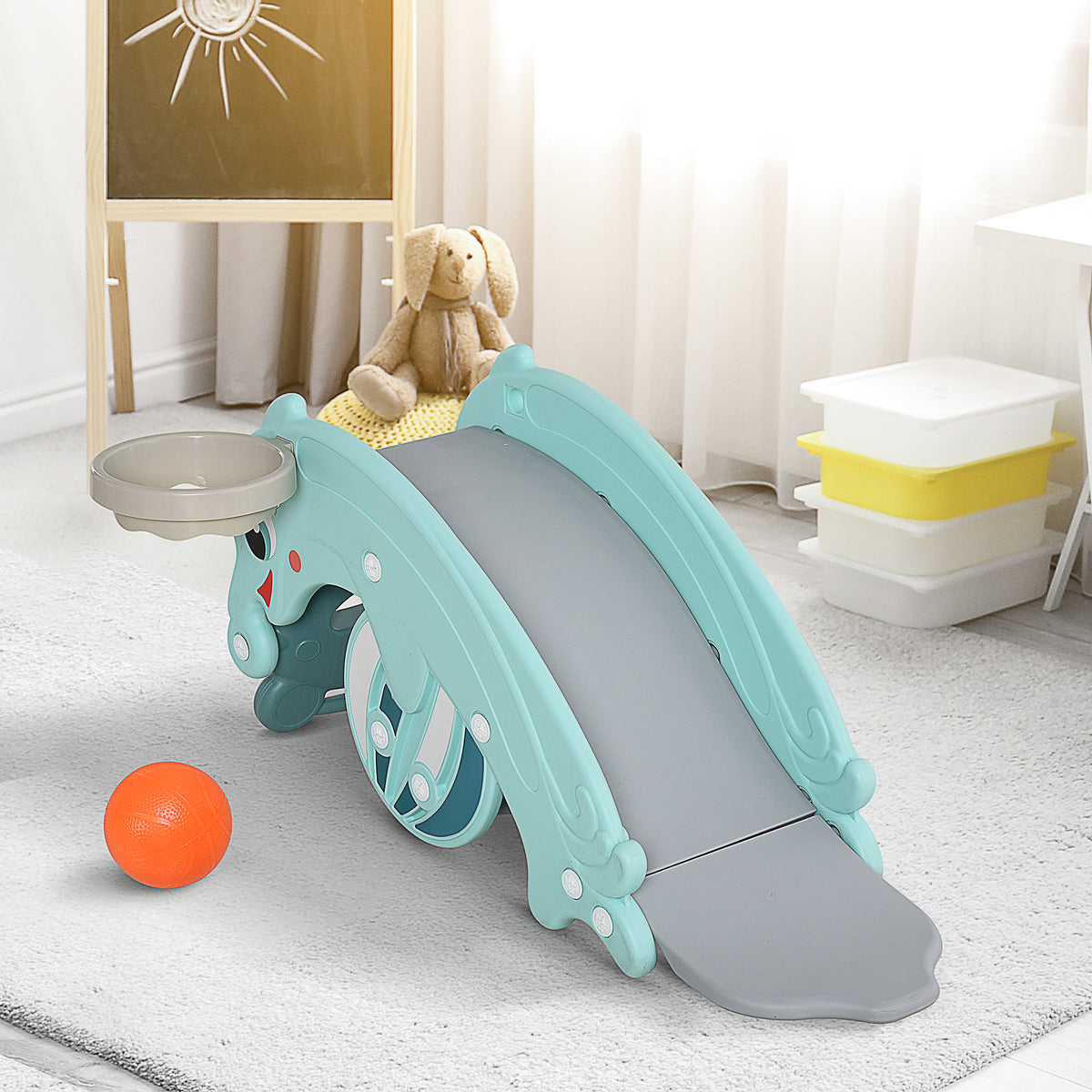 HOMCOM 3-in-1 Kinder Schaukelpferd Kinderrutsche Schaukeltier mit Basketballkorb für 3-5 Jahre HDPE Grün 72 x 34 x47 cm