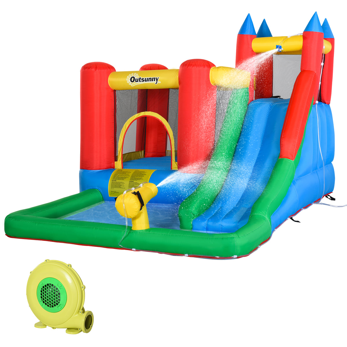 Outsunny Hüpfburg mit Gebläse Rutsche Wasserrutsche aufblasbar für 4 Kinder Wasserhüpfburg Garten XXL Springburg für 3-8 Jahre Kinder Oxford-, Polyester-Gewebe mehrfarbig 330 x 245 x 215 cm