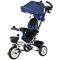 HOMCOM 6-in-1 Kinderdreirad mit Schiebestange, Dach, Gurt, Ablagekorb, 18+ Monate, Dunkelblau