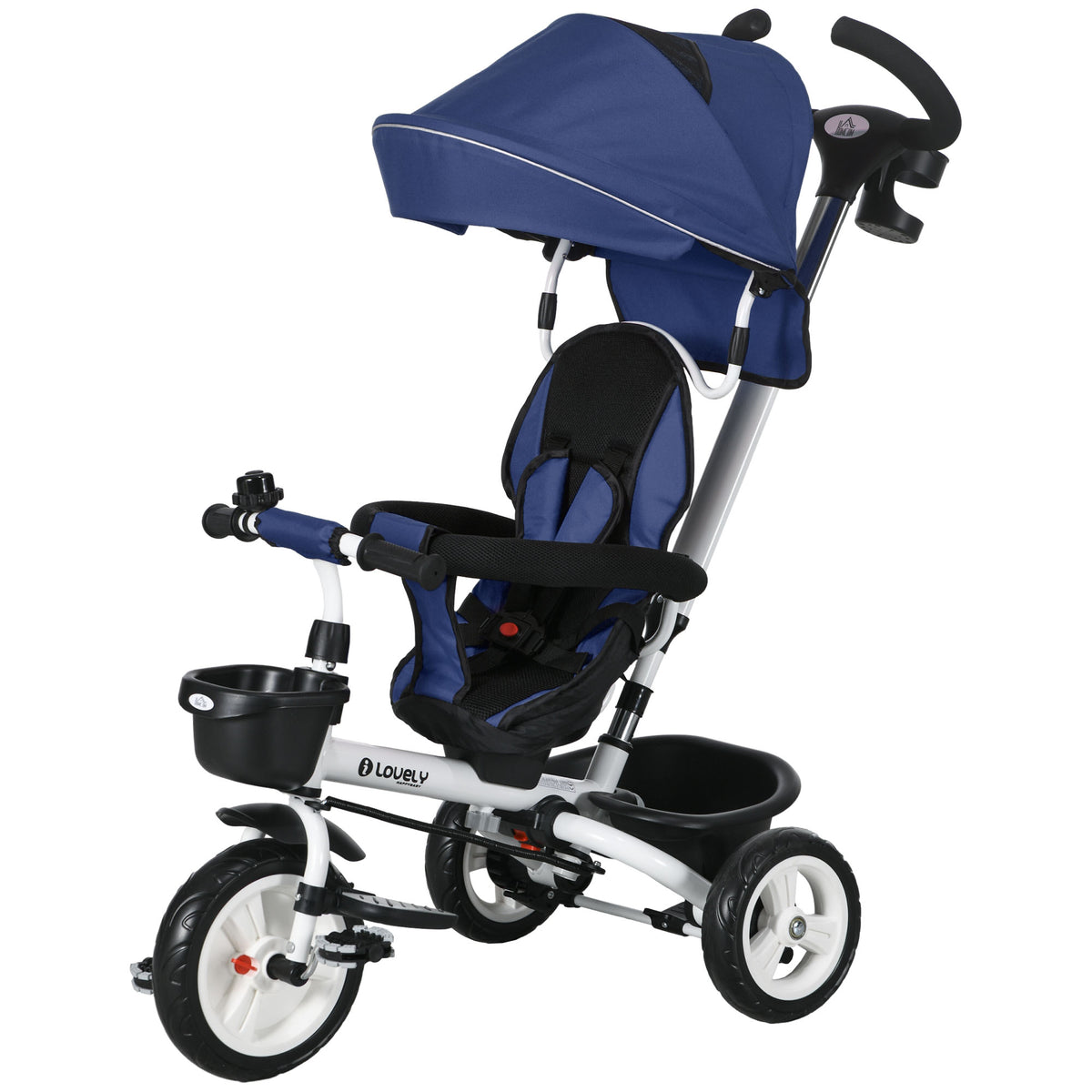 HOMCOM 6-in-1 Kinderdreirad mit Schiebestange, Dach, Gurt, Ablagekorb, 18+ Monate, Dunkelblau