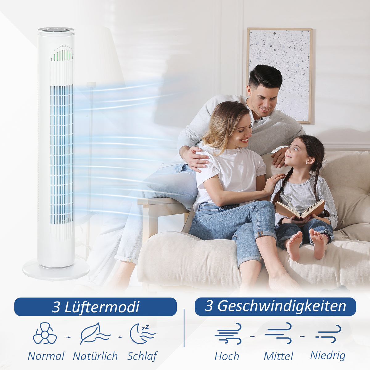 HOMCOM Turmventilator, Standventilator mit 3 Belüftungsstufen, Fernbedienung, 45W Ventilator mit 10H Timer, LCD-Anzeige, 70° Oszillation, für Schlafzimmer, Weiß